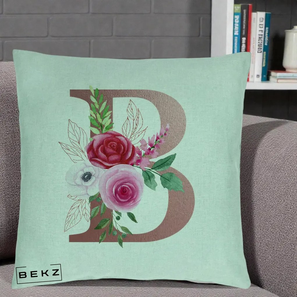 Cadou Personalizat - Perna Personalizata Monograma Rose Gold Litera B, 40x40 cm, Verde Menta, Husa Detasabila, Perna Inclusa, BEKZ®