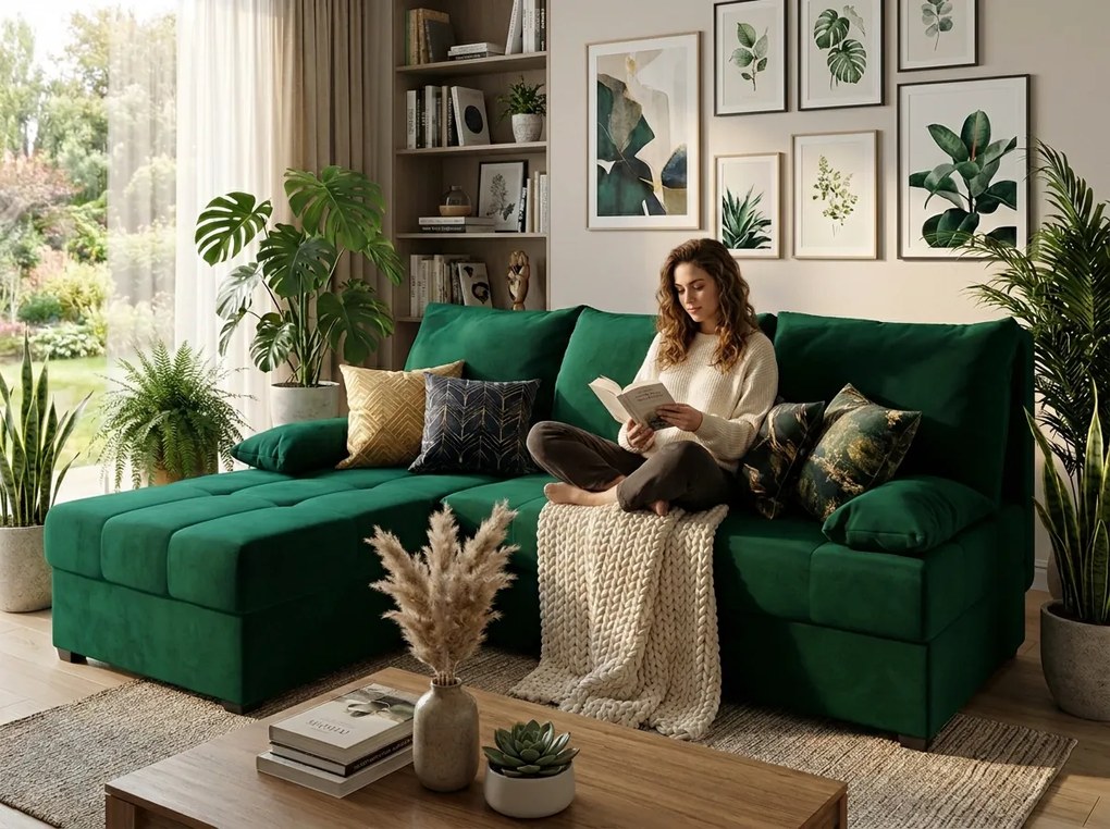 OFERTA Canapea de colt extensibila, verde inchis, ZENA, reversibila, calitatea II