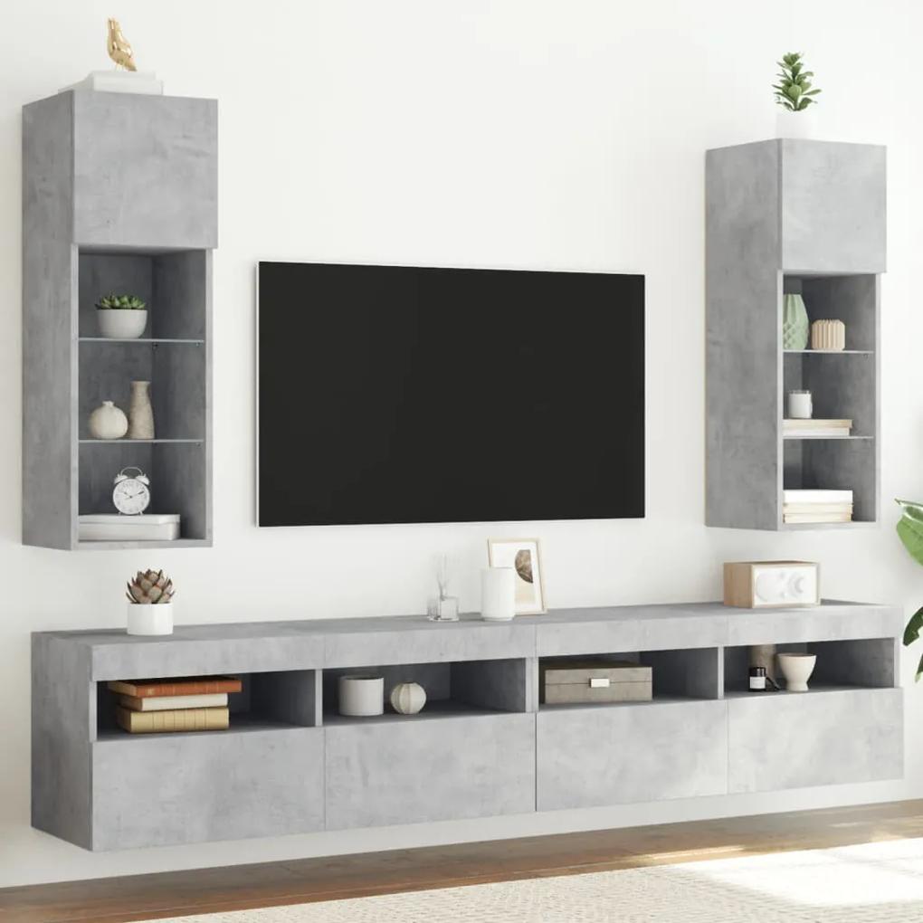 Comode TV cu lumini LED, 2 buc., gri beton, 30,5x30x90 cm