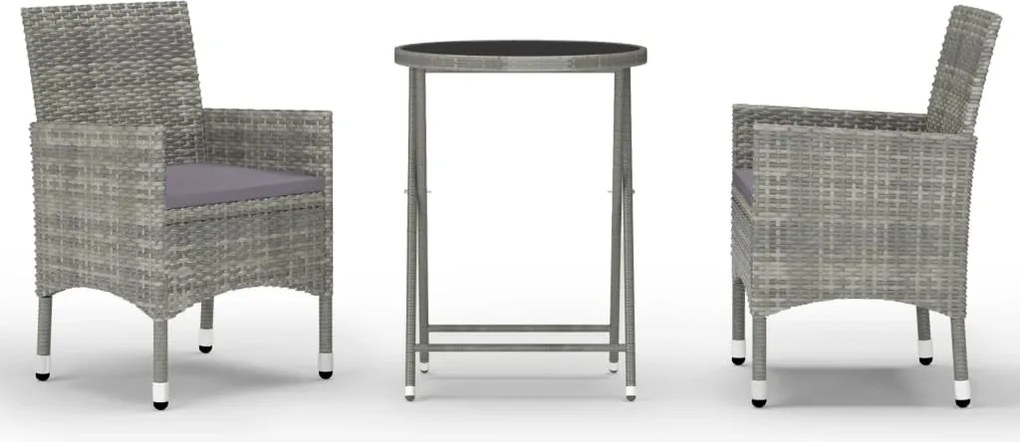vidaXL Set mobilier bistro grădină, 3 piese, gri, poliratan și sticlă
