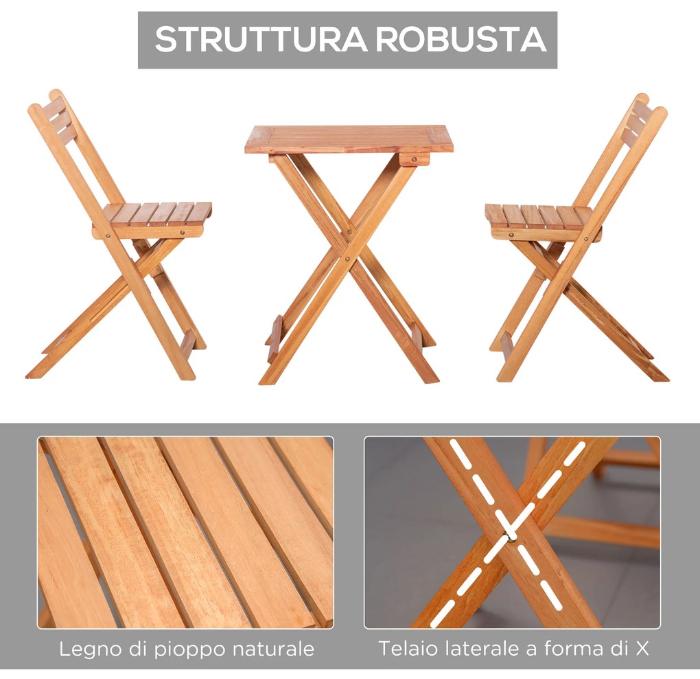 Outsunny Set Mobilier de Grădina din Lemn de Teak, 3 Piese, Masa și Scaune Pliabile, Rezistent la Intemperii, Design Natural | Aosom Romania