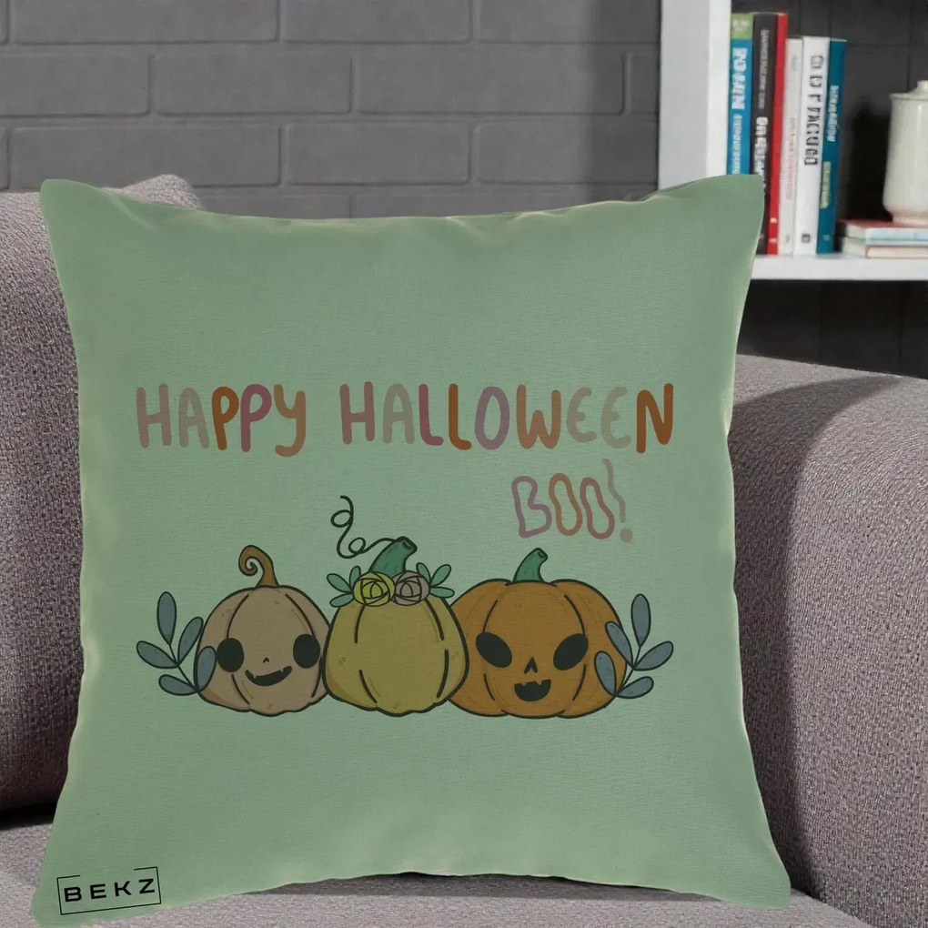 Perna Decorativa Happy Halloween Boo Trei Dovlecei Kawaii, 40x40 cm, Verde, Husa Detasabila, Perna Inclusa, BEKZ®