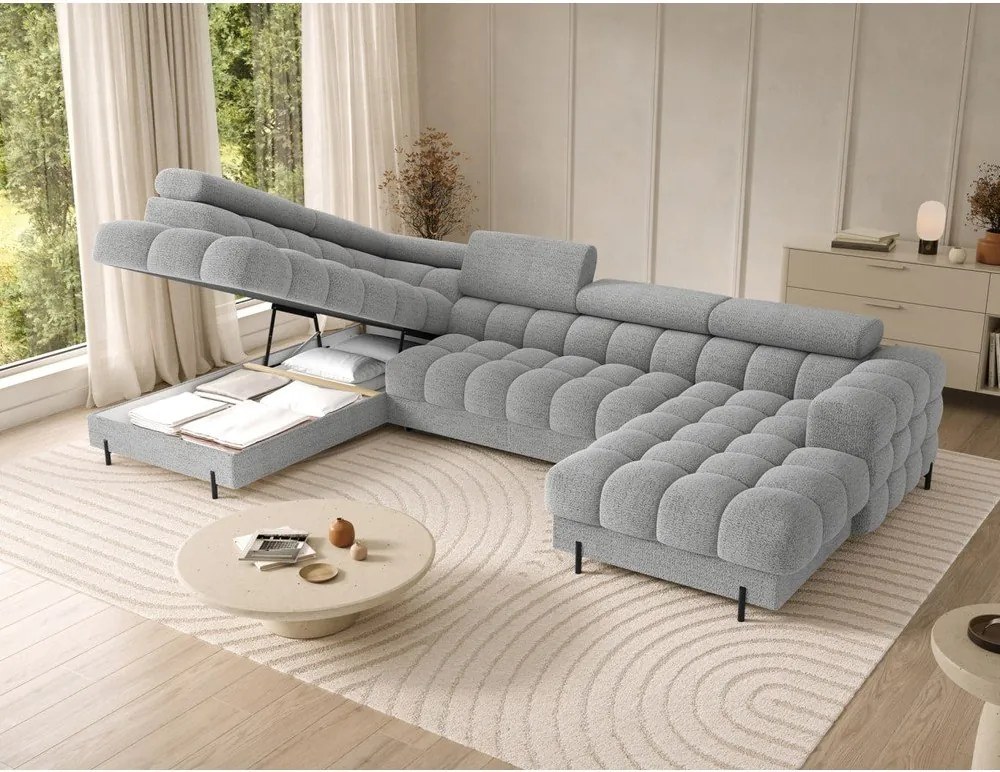 Colțar gri extensibil cu tapițerie din țesătură bouclé (cu colț pe partea stângă/în formă de "U") Feraria – ELTAP