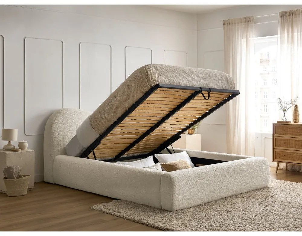 Pat matrimonial bej tapițat cu spațiu de depozitare cu somieră 160x200 cm Orlane – Bobochic Paris