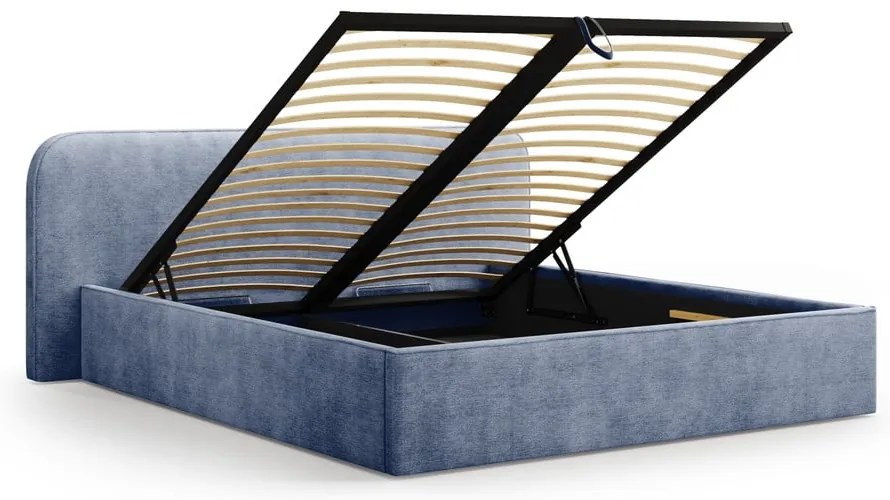Pat matrimonial albastru închis tapițat cu spațiu de depozitare cu somieră 200x200 cm Elizabeth – Micadoni