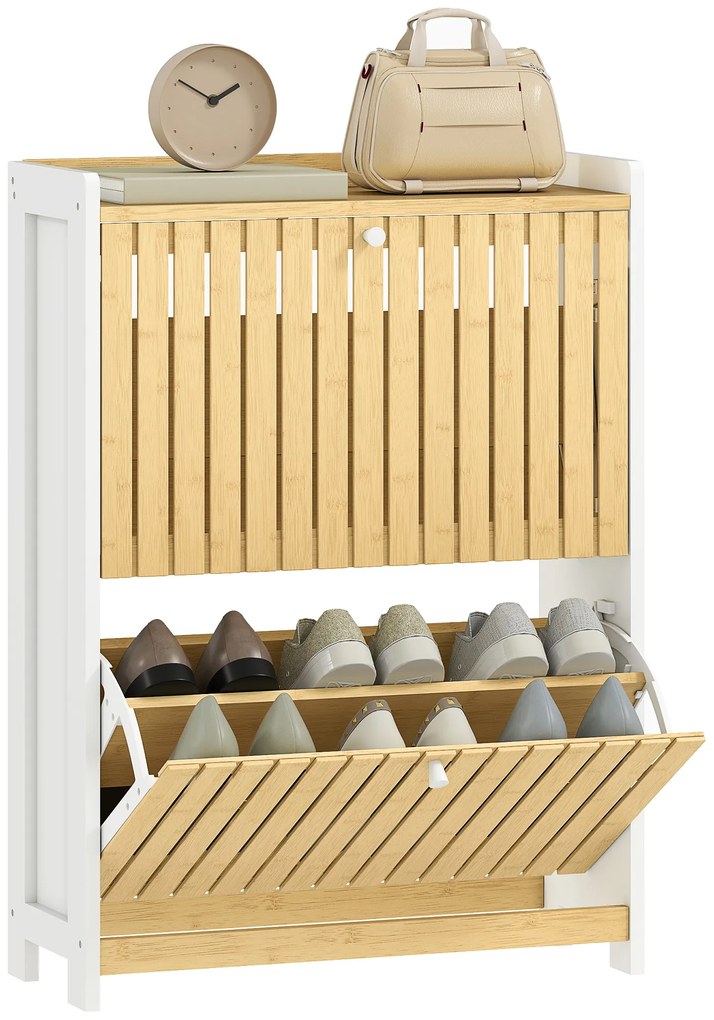 HOMCOM Pantofar Cu 2 Uși din Bambus Cu Lamele Rafturi Ajustabile pentru 12 Perechi de Pantofi Alb și Natural | Aosom Romania