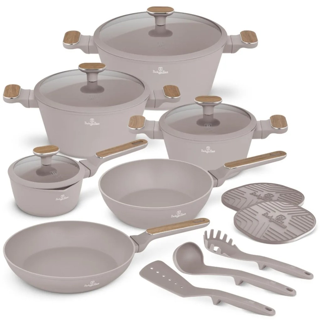 Set oale si tigai 15 piese Nordic Taupe Berlinger Haus BH 8344, gri, antiaderente, compatibile inductie