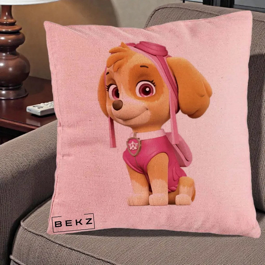 Perna Personalizata Skye PAW Patrol Roz, 40x40 cm, Roz, Husa Detasabila, Perna Inclusa, BEKZ®