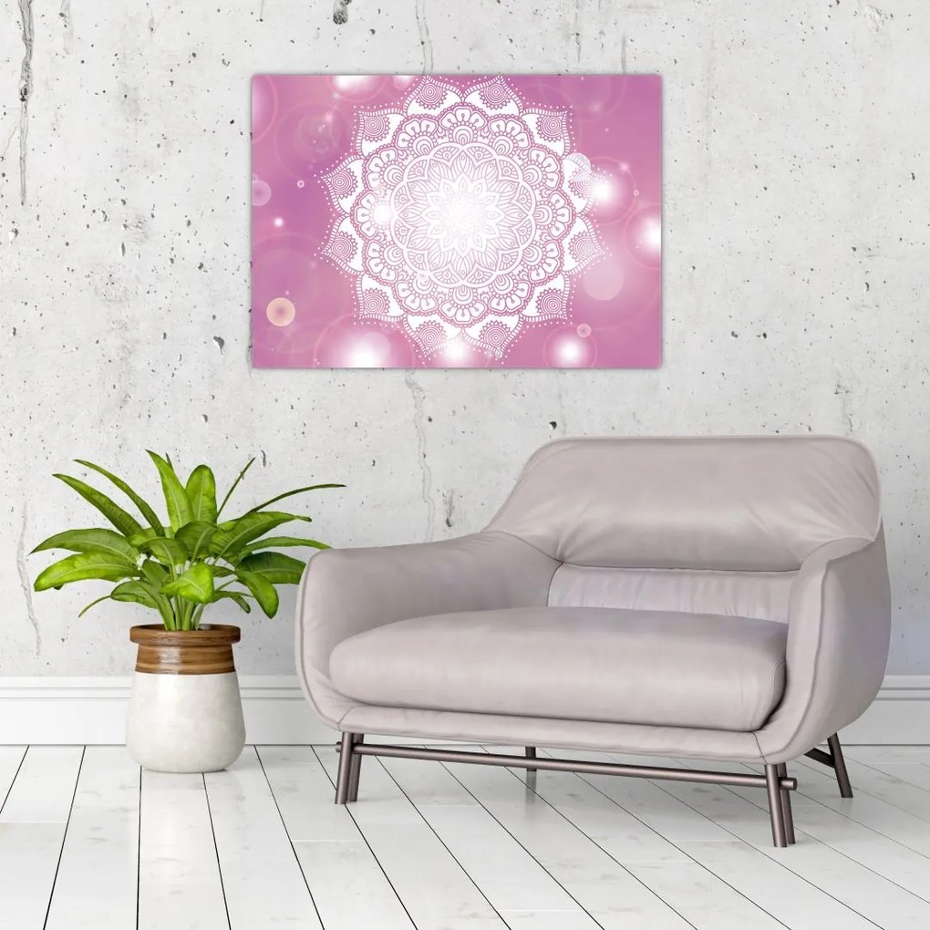 Tablou pe sticlă - Mandala pe fundal roz (70x50 cm)
