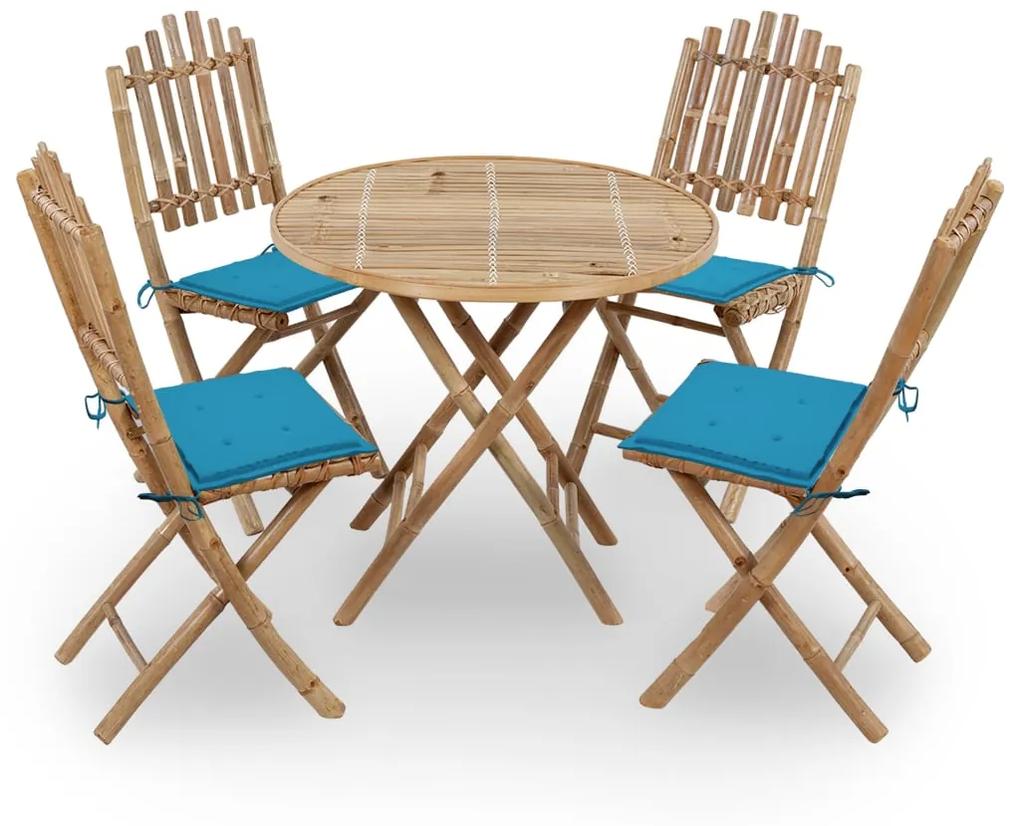 Set mobilier de exterior pliabil, cu perne, 5 piese, bambus Albastru, 40 x 40 x 4 cm, 5