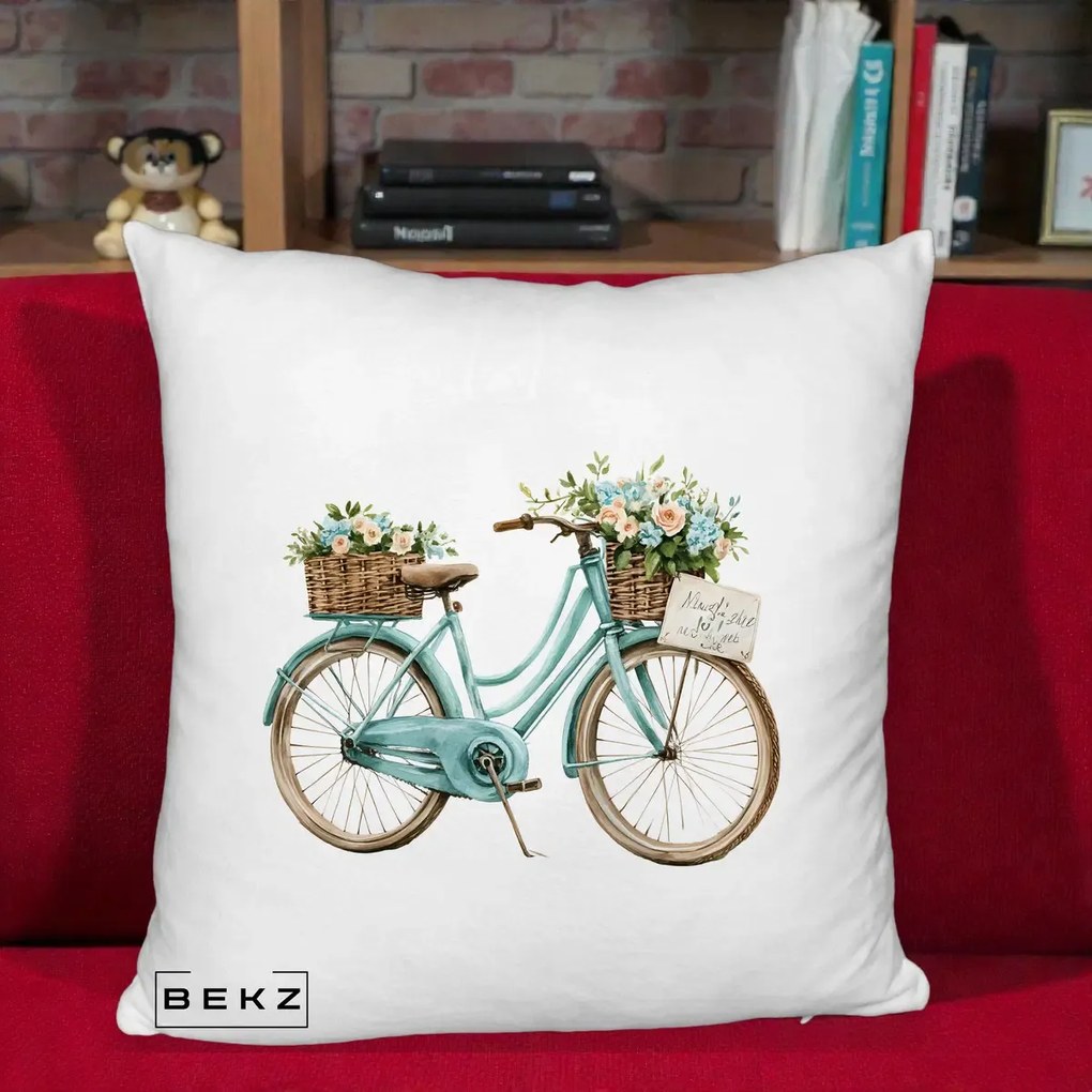 Perna decorativa Bicicleta Teal cu Cosuri Duble de Flori Vintage, 40x40 cm cu Umplutura, Alb Pufos, BEKZ