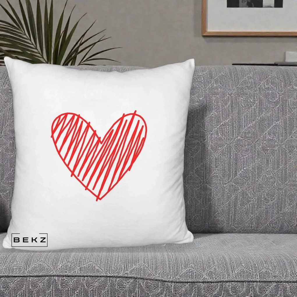 Perna Decorativa Inima Rosie Desen Manual, 40x40 cm, Alb Pufos, Husa Detasabila, Perna Inclusa, BEKZ®