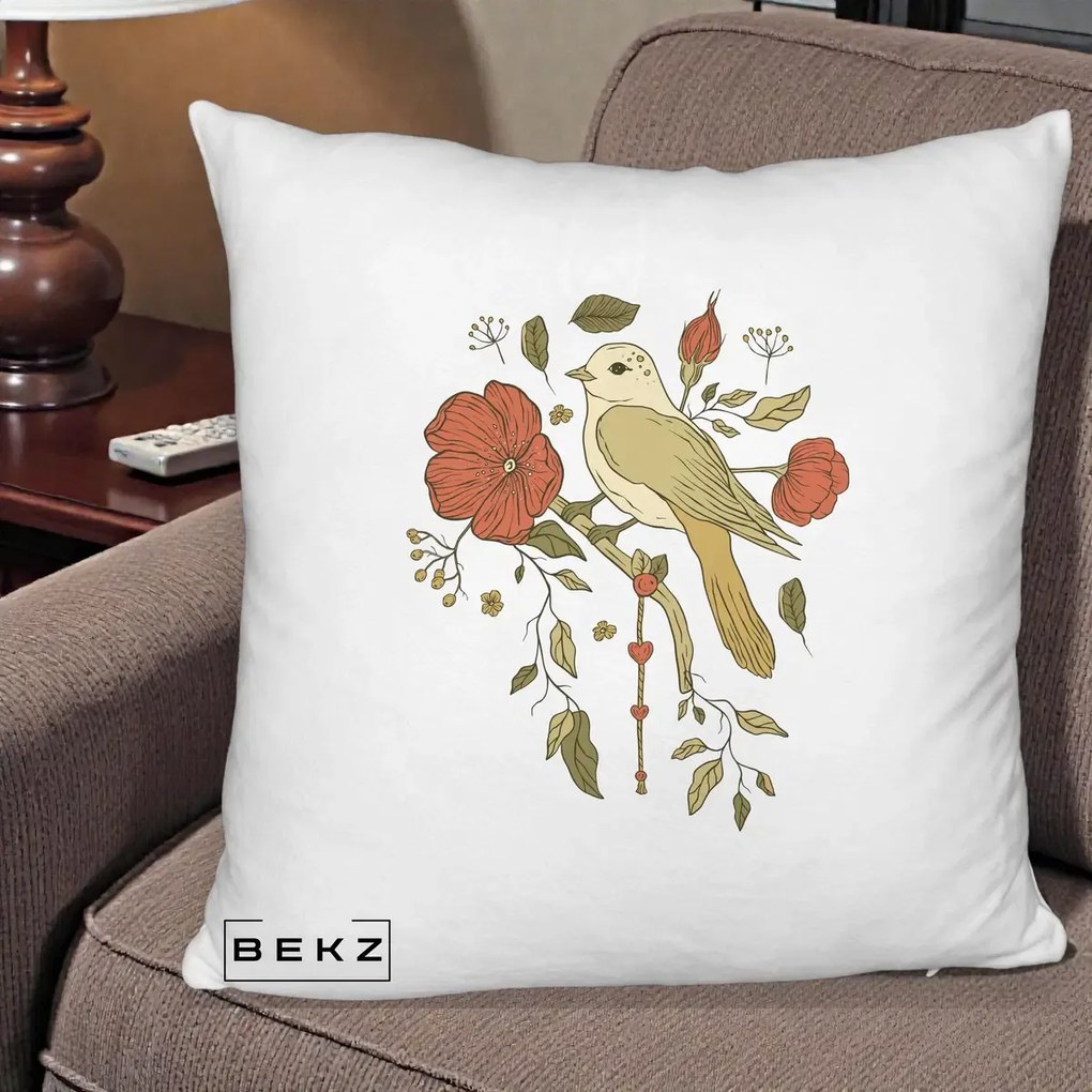 Perna Decorativa Pasare pe Ramura cu Maci, 40x40 cm, Alb Pufos, Husa Detasabila, Perna Inclusa, BEKZ®