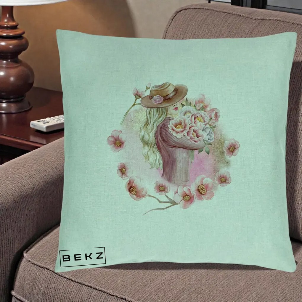 Perna Decorativa Femeie cu Flori Roz Acuarela, 40x40 cm, Verde Menta, Husa Detasabila, Perna Inclusa, BEKZ®