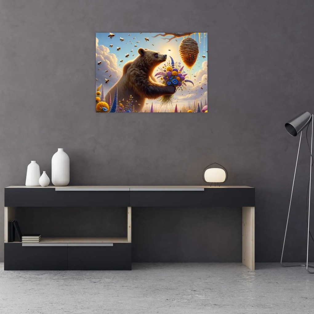Tablou pe sticlă - Ursul și albinele (70x50 cm)