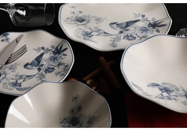 Set de veselă 24 piese din porțelan, alb/albastru