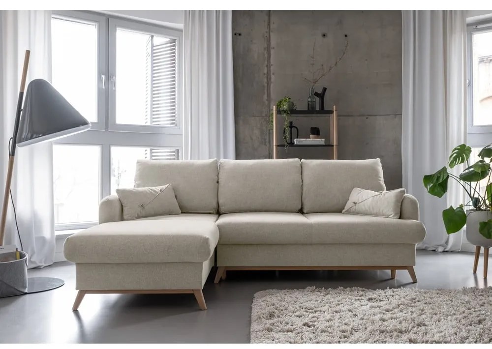 Colțar bej extensibil/cu spațiu de depozitare (cu colț pe partea stângă/cu șezlong) Scandic Lagom – Miuform