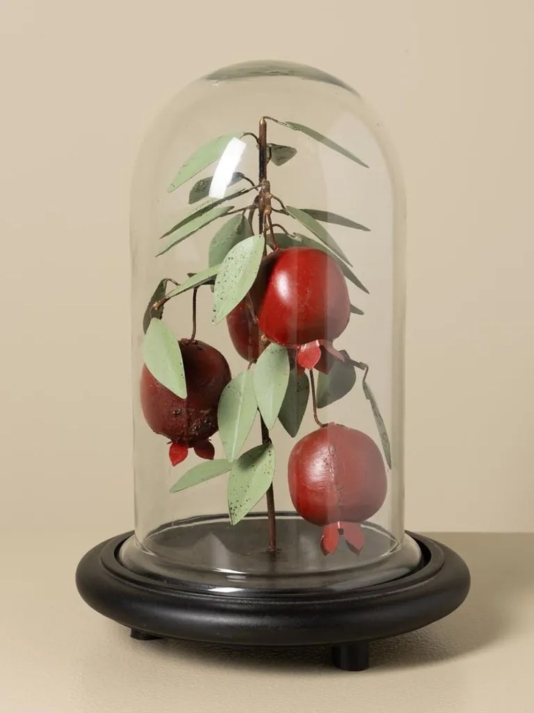 Cupolă decorativă din sticlă, pom din metal cu rodii și frunze pictate, bordo și verde, bază din lemn de mango, finisaj mat, 32 x 23 cm, „Grenadine”