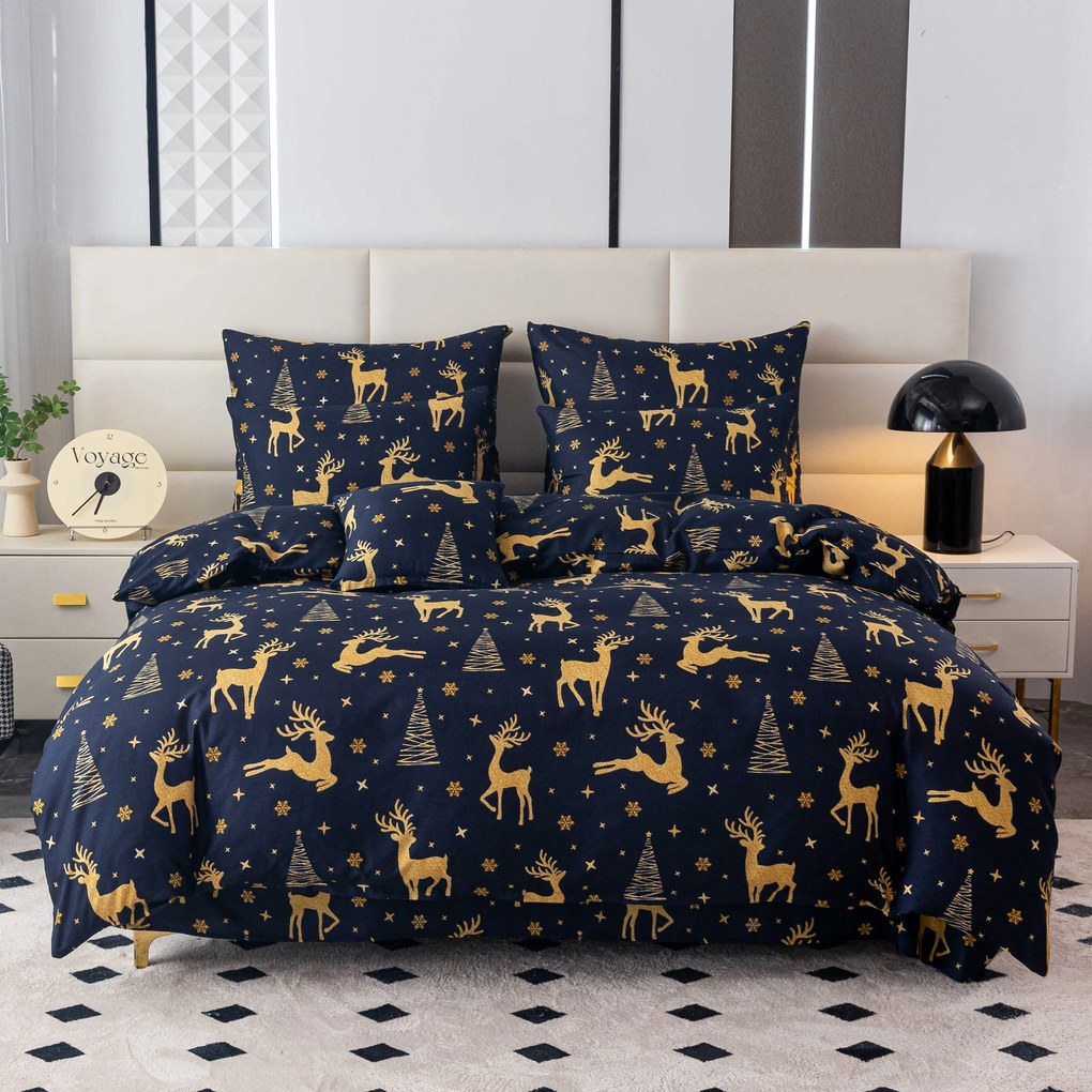 Set lenjerie de pat din microfibra GOLDEN DEER albastru inchis + cearceaf Jersey 90x200cm crem, pat de o persoana