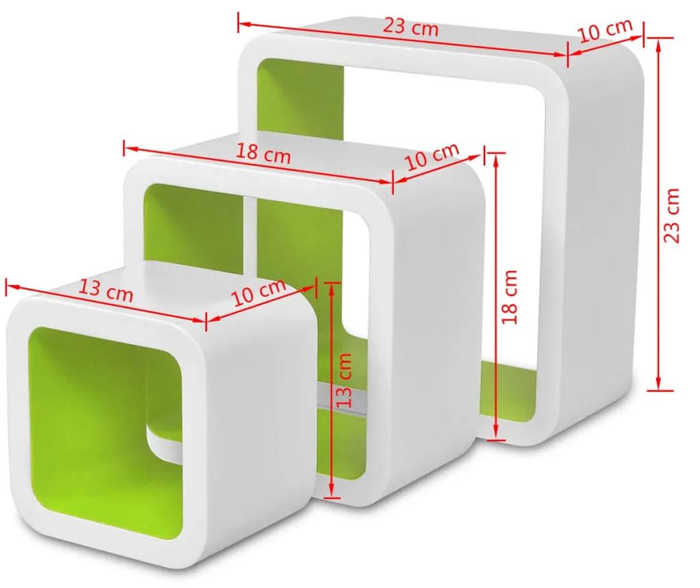 3 Rafturi de tip cub din MDF pentru carti DVD-uri, Alb-Verde 3, Verde