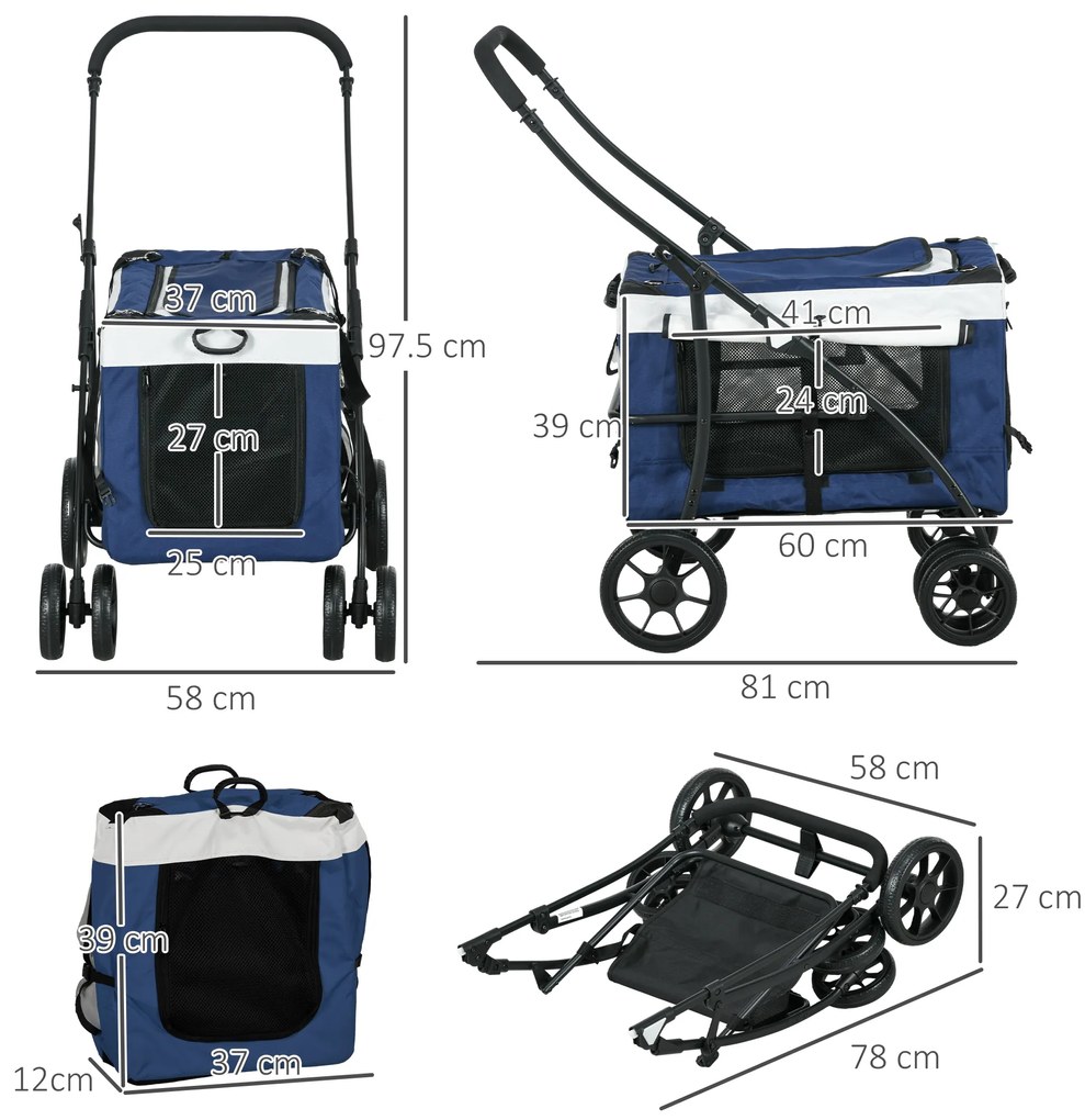 Cărucior pentru câini și pisici PawHut, pliabil, cu container detasabil, 81 x 58 x 97,5 cm, Negru + Albastru + Alb | Aosom Romania