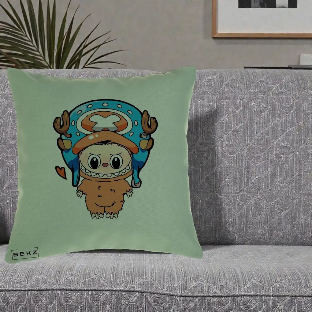 Perna Personalizata Labubu x Tony Tony Chopper, 40x40 cm, Verde, Husa Detasabila, Perna Inclusa, BEKZ®