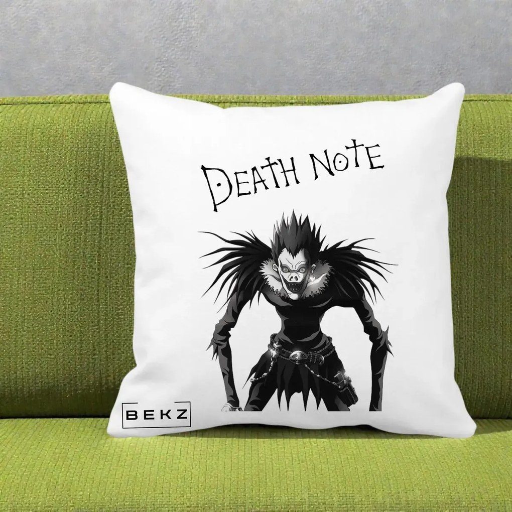 Perna Personalizata Death Note Ryuk Shinigami Alb-Negru, 40x40 cm, Alba Mata, Husa Detasabila, Perna Inclusa, BEKZ®