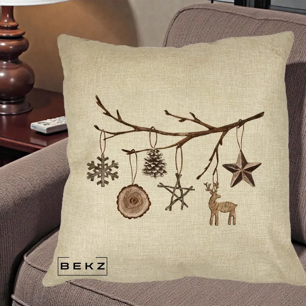 Perna Decorativa Ornamente de Lemn pe Ramura, 40x40 cm, Crem, Husa Detasabila, Perna Inclusa, BEKZ®