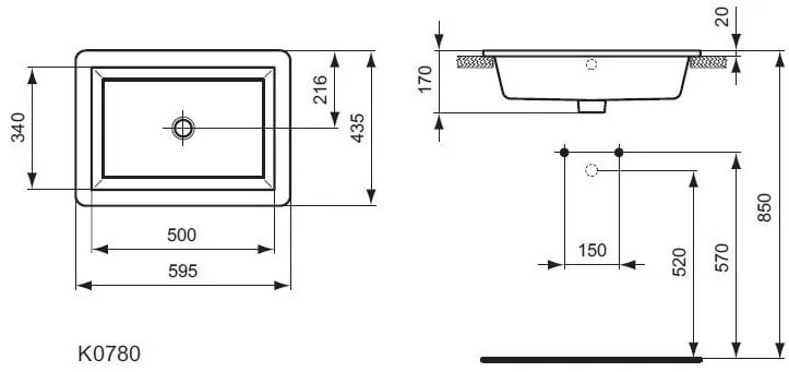 Lavoar Ideal Standard Strada 60x43 cm, montare in blat - K078001