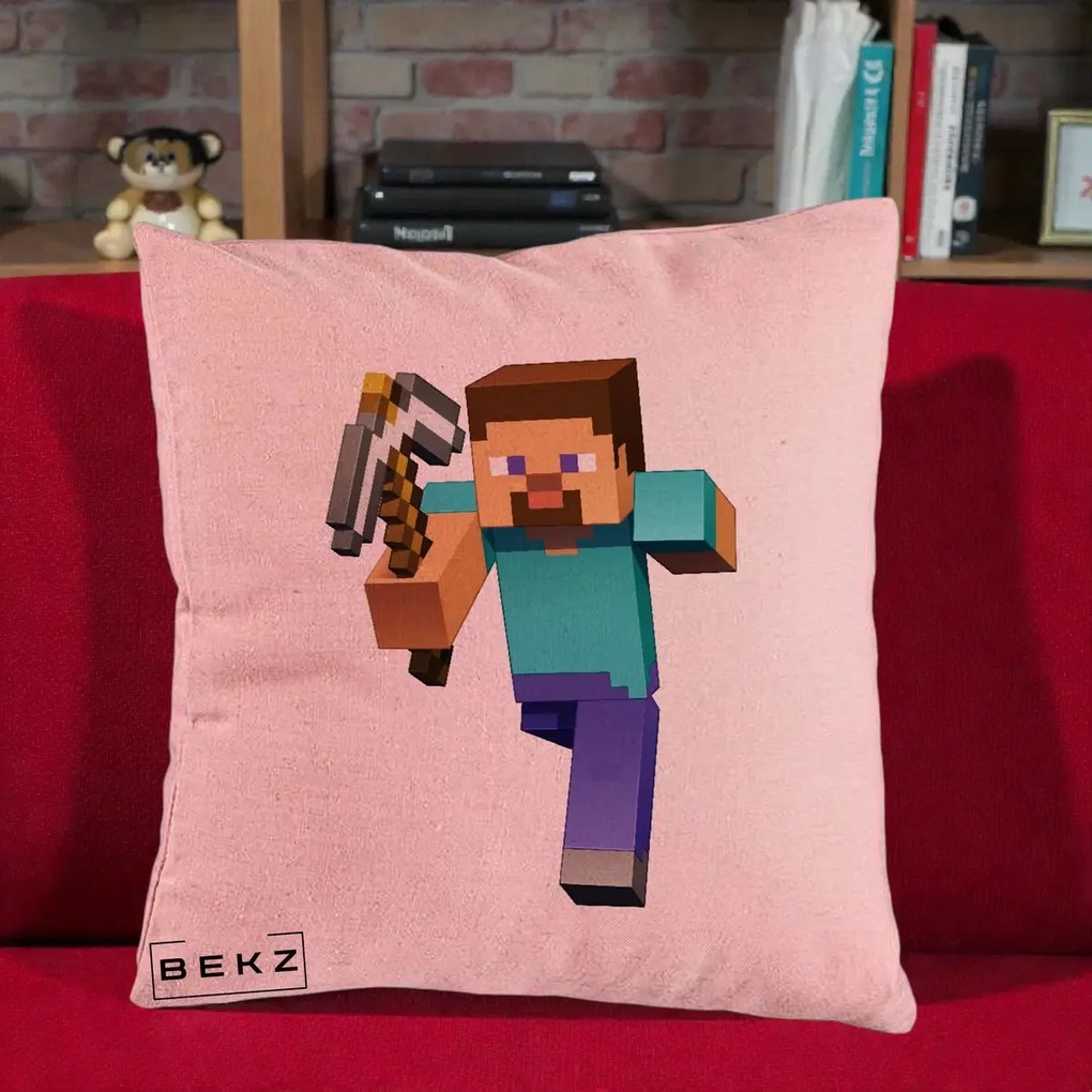Perna Personalizata Minecraft Steve, 40x40 cm, Roz, Husa Detasabila, Perna Inclusa, BEKZ®