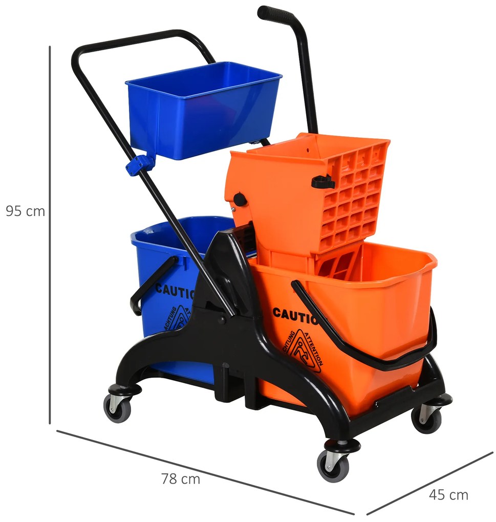 HOMCOM Cărucior de curățenie profesionist, cărucior de lavare cu presă laterală și 2 găleți de 26 L + coș pentru depozitare 78 x 45 x 95 cm portocaliu | Aosom Romania