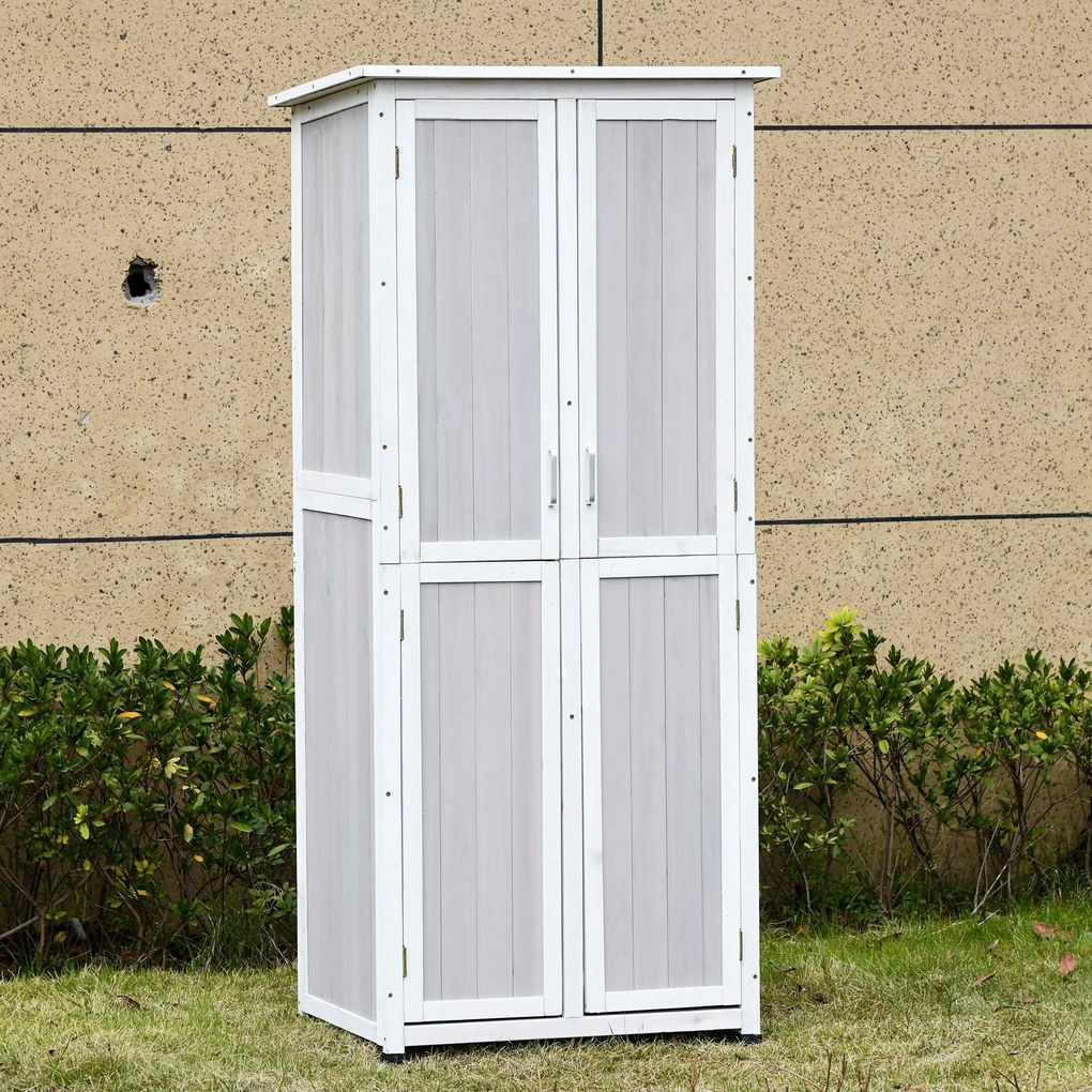 Outsunny Magazie Unelte Lemn Brad 3 Niveluri, Acoperiș Bitum Impermeabil, Cu Cârlige, 77x58x175cm, Gri | Aosom Romania