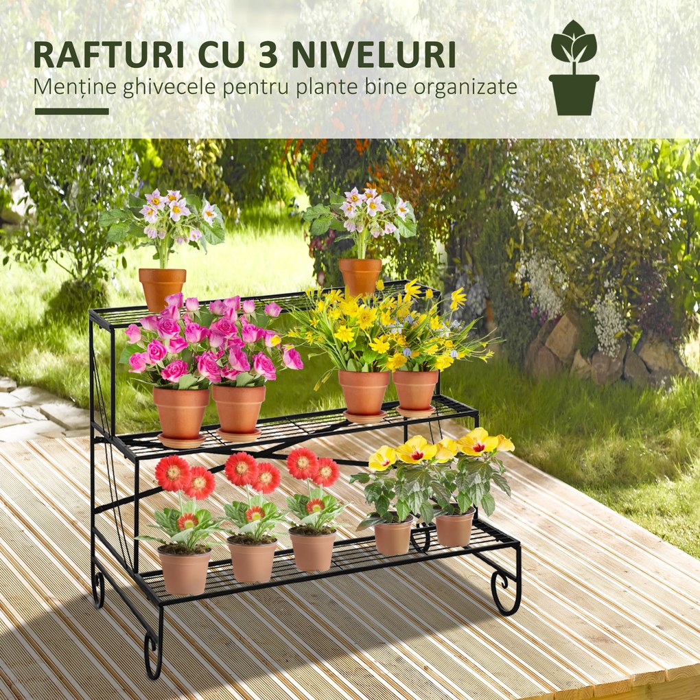 Outsunny Suport pentru Plante din Metal, Scară Suport pe 3 Niveluri pentru Ghivece de Grădina în Stil Vintage, 95x63x72 cm, Negru | Aosom Romania
