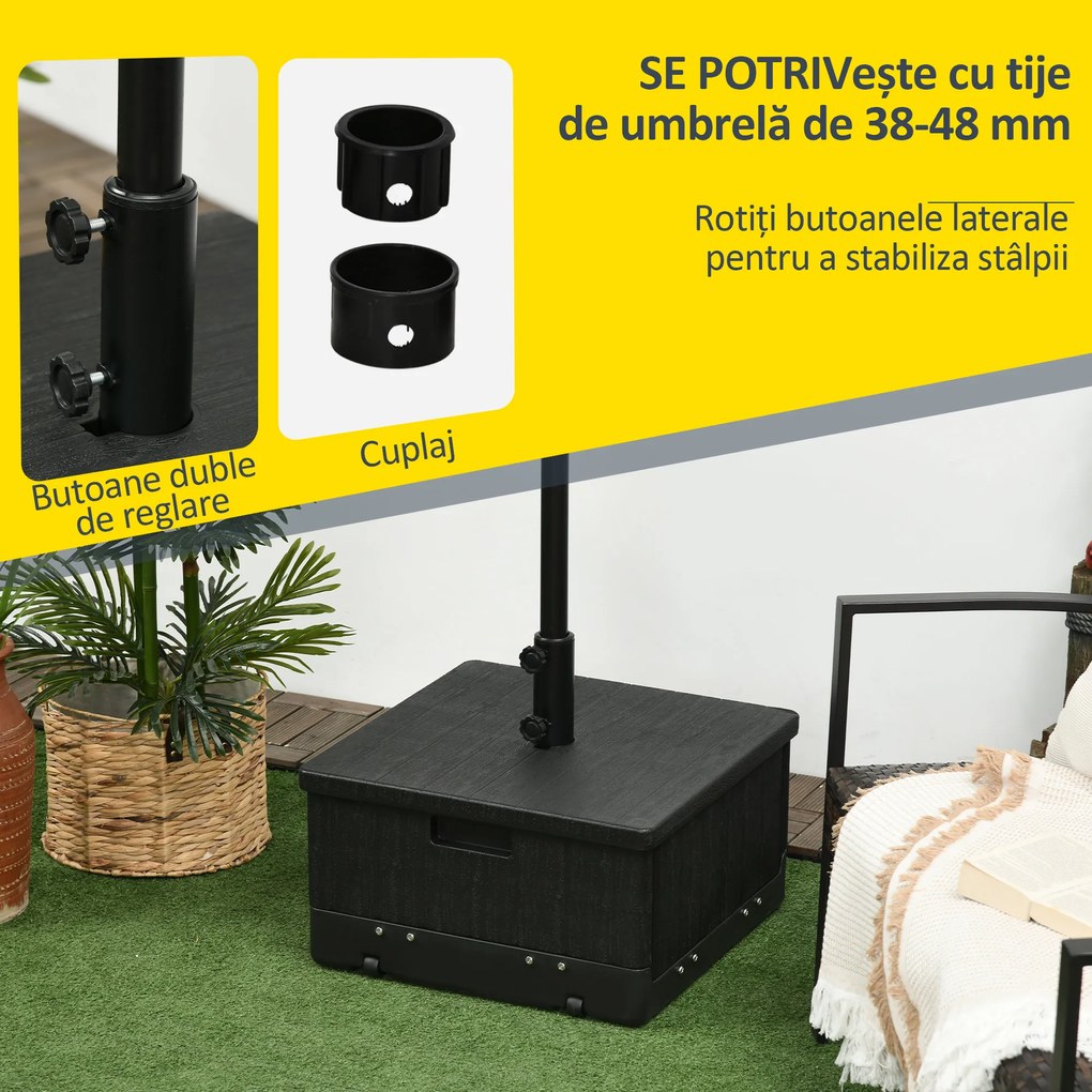 Outsunny Bază pentru Umbrelă 3-în-1 Exterior, Măsuță de Cafea, Jardinieră cu Orificiu de Scurgere, Capacitate 80 kg, Suport Umplut cu Roți și Mânere pentru Terasă și Piscină, Negru | Aosom Romania