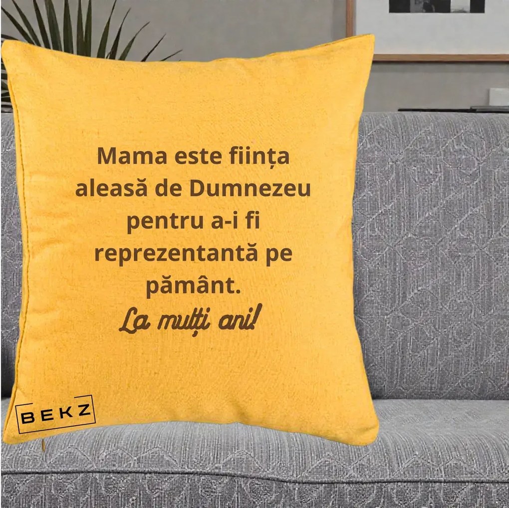 Cadou pentru Mama - Perna Personalizata Mama Este Fiinta Aleasa de Dumnezeu La Multi Ani, 40x40 cm, Galben, Husa Detasabila, Perna Inclusa, BEKZ®