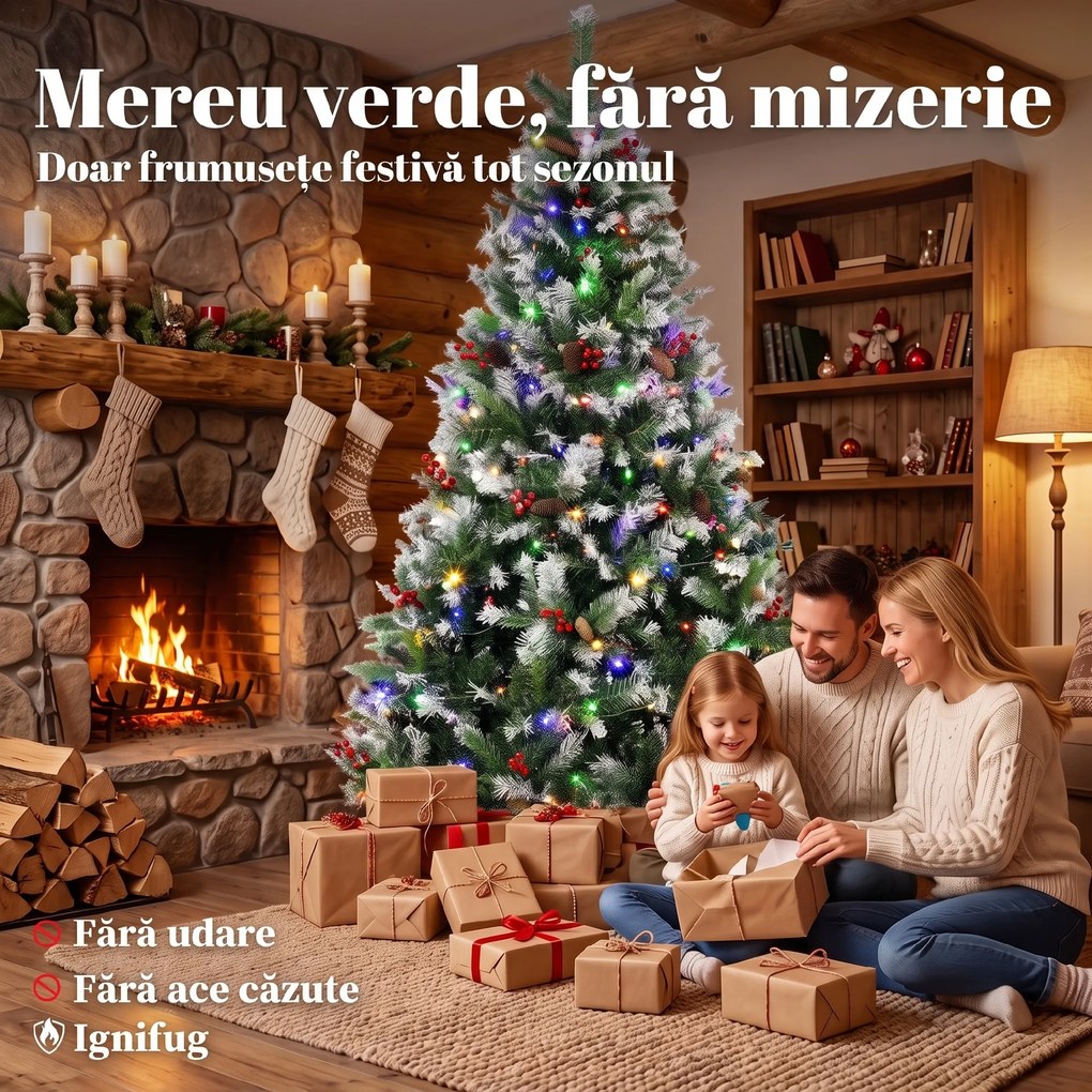 HOMCOM Brad de Crăciun Înzăpezit 210 cm, 400 de Lumini LED Bicolore, Telecomandă, 11 Modalități, 1253 de Ramuri, Conuri de Pin, Fructe Roșii | Aosom Romania