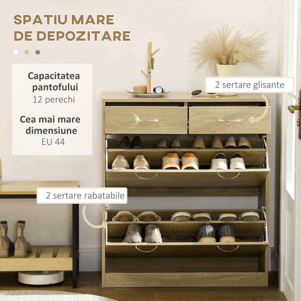 HOMCOM Dulap pentru Pantofi din PAL, cu 2 Rafturi Reglabile și 2 Sertare, Finisaj Stejar, Soluție Elegantă de Depozitare | Aosom Romania