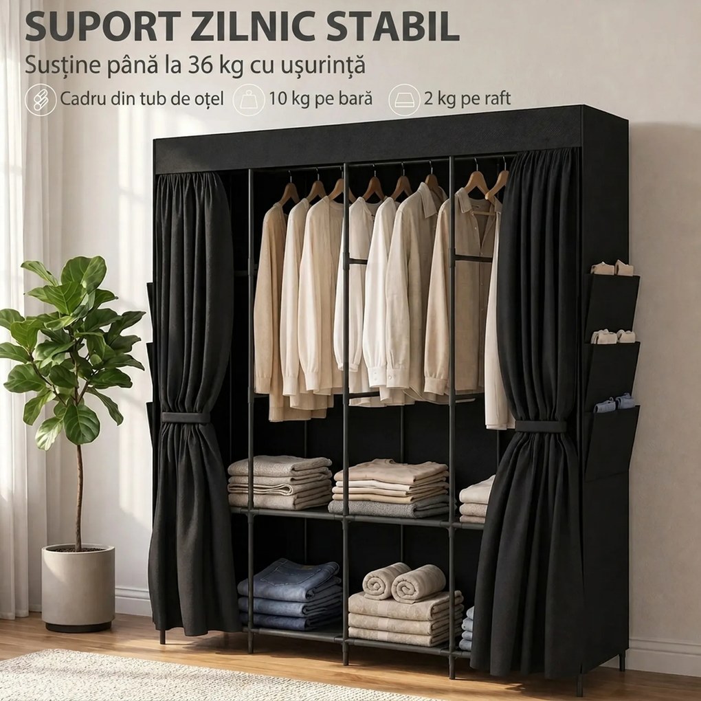 HOMCOM Garderobă Textilă cu 3 Bare și 3 Rafturi, Oțel și Material Netesut, 130 x 45 x 167 Cm, Negru | Aosom Romania