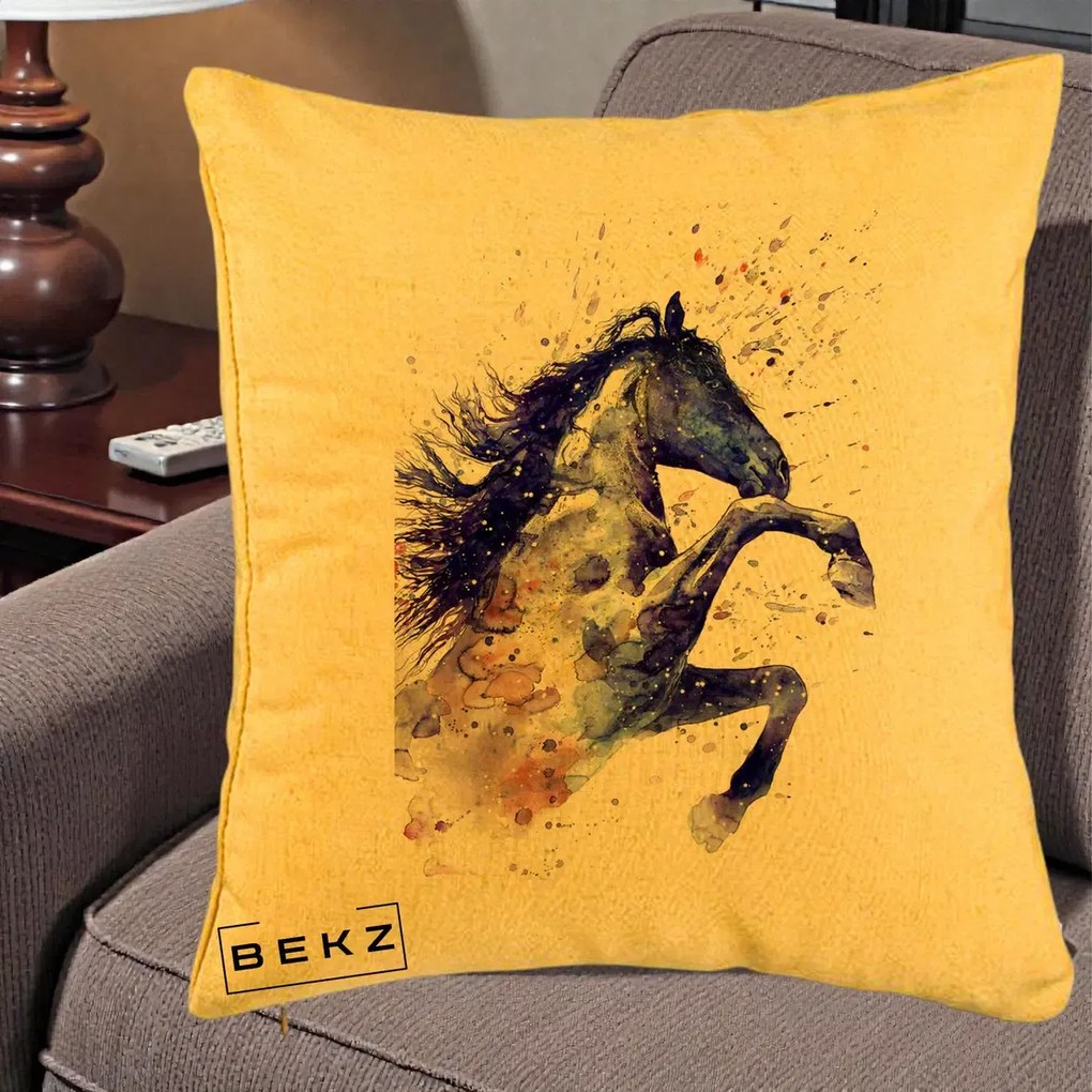 Perna Decorativa Cal Albastru Acuarela, 40x40 cm, Galben, Husa Detasabila, Perna Inclusa, BEKZ®