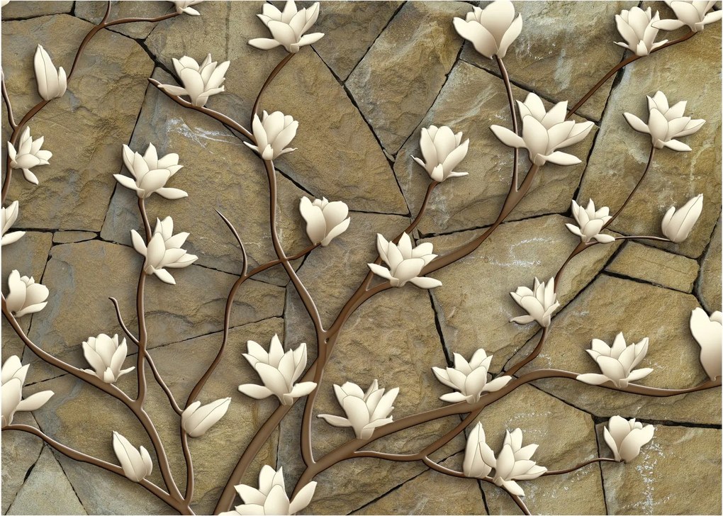 Tablou - Magnolii albe pe zidărie de piatră (70x50 cm)