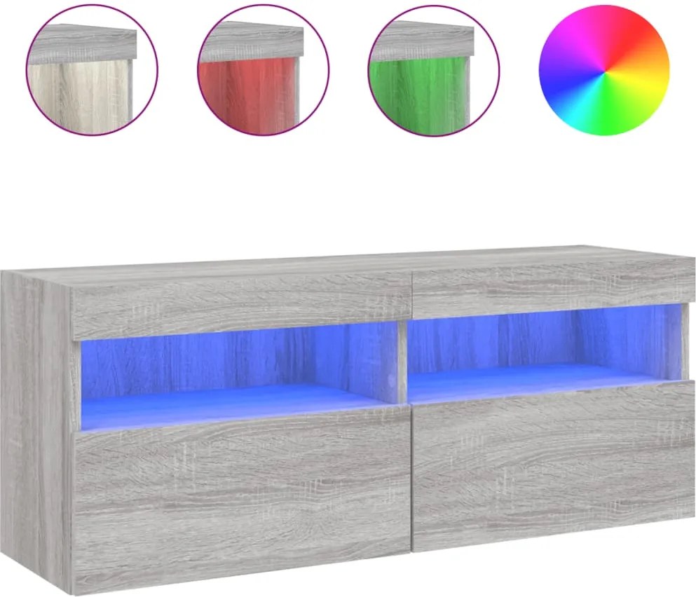 vidaXL Comodă TV de perete cu lumini LED, gri sonoma, 100x30x40 cm