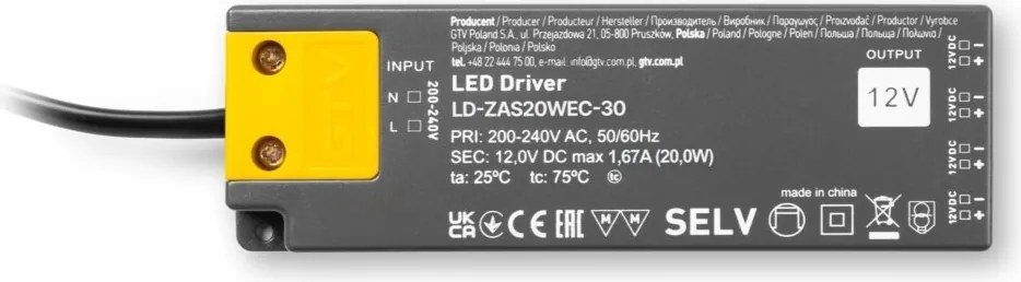 Transformator Easy Click GTV pentru bandă LED, 20W, 12V, IP20, 4 ieșiri Mini AMP, cablu 1,5 m 20 W, 12 V, 1.5 m, Plastic, Easy Click