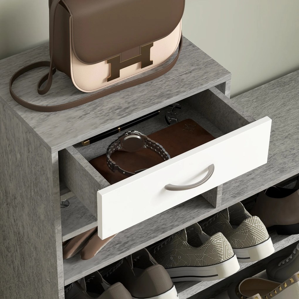 HOMCOM Mobilier Hol, 3 piese, cu Raft pentru Haine, Oglindă, 6 Cârlige, 2 Rafturi și Sertare, 90x24x177 cm, Gri | Aosom Romania