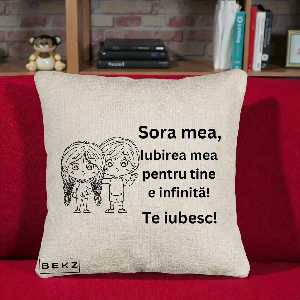 Cadou pentru Sora - Perna Personalizata Sora Mea Te Iubesc Copii Anime Line Art, 40x40 cm, Bej Canapea, Husa Detasabila, Perna Inclusa, BEKZ®