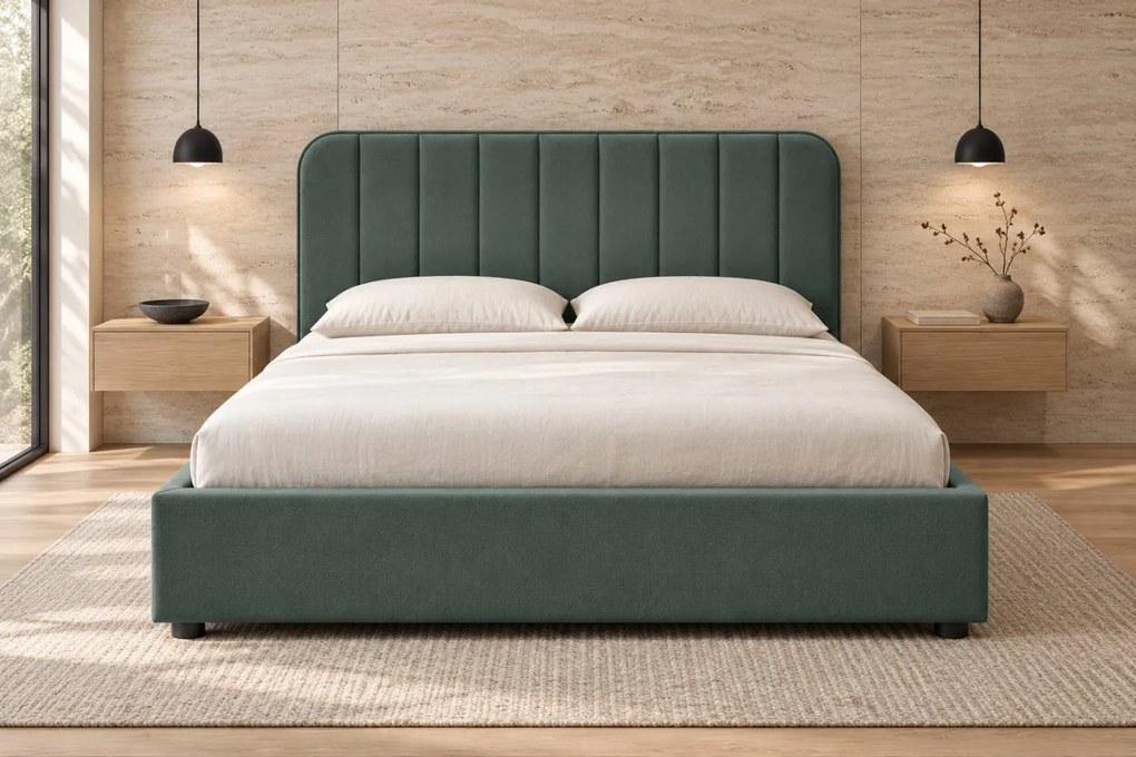 Pat tapițat din stofă Calista 180×200 cm, verde marin, cu ladă de depozitare