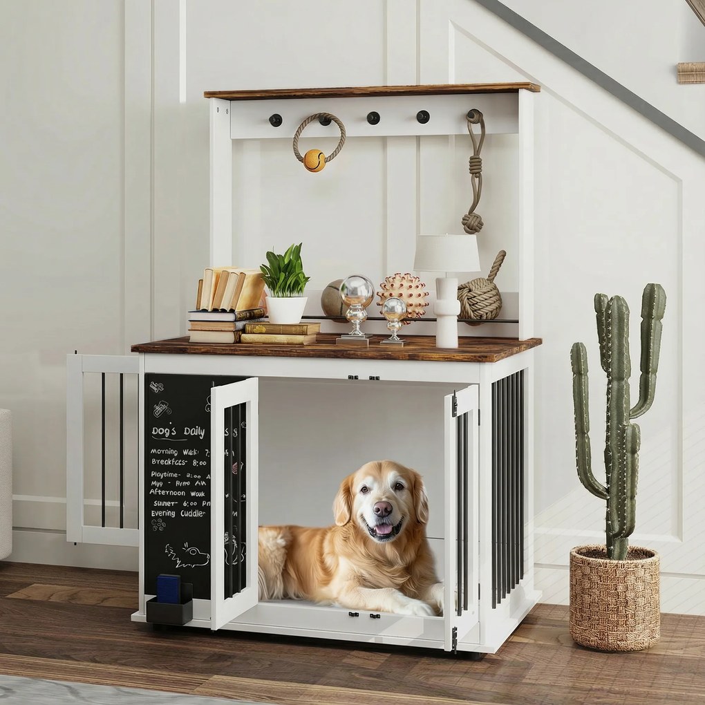 PawHut Cutie pentru câini cu raft de depozitare pentru jucării, cârlige pentru lese, tablă pentru scris, burete pentru șters, pentru câini mari, Alb | Aosom Romania