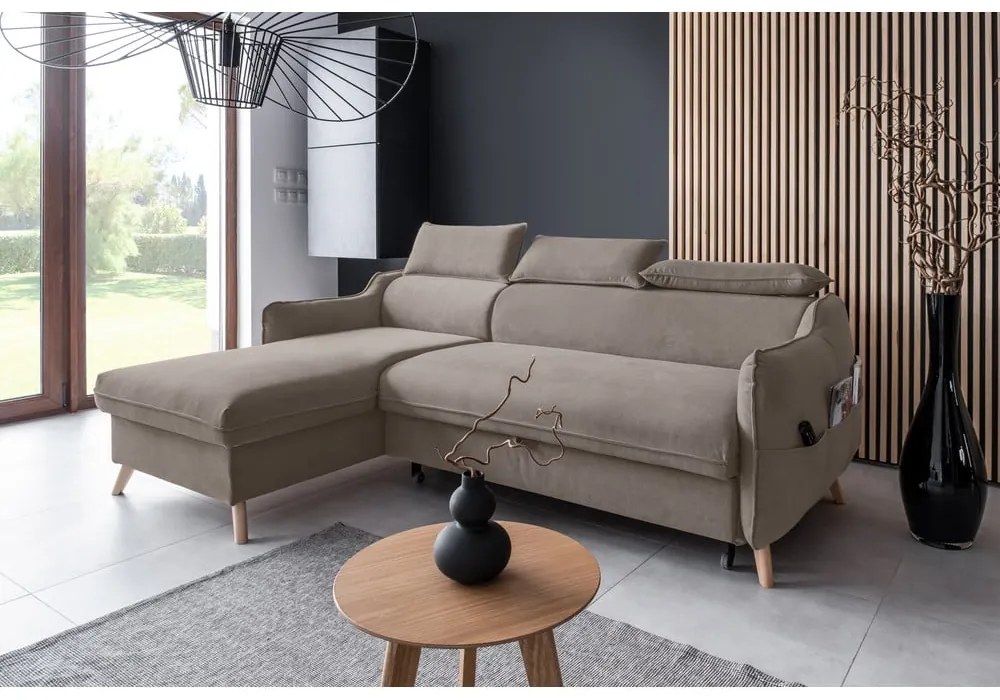 Colțar maro deschis extensibil cu tapițerie din catifea (cu colț pe partea stângă ) Sweet Harmony – Miuform