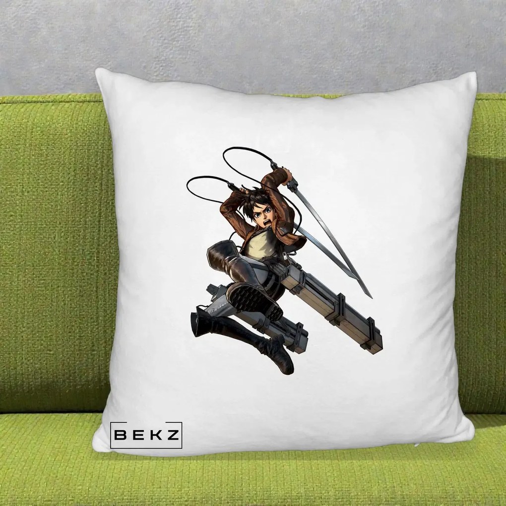 Perna Personalizata Attack on Titan Eren Yeager Lupta, 40x40 cm, Alb Pufos, Husa Detasabila, Perna Inclusa, BEKZ®