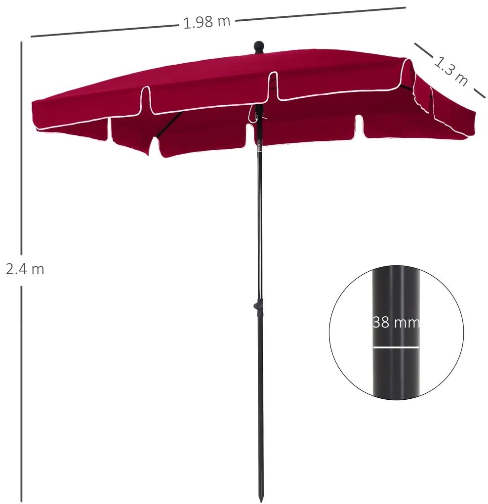 Outsunny Umbrelă de Grădină Dreptunghiulară cu Înălțime Reglabilă, Cadru din Aluminiu, 200x125x235cm, Roșu | Aosom Romania