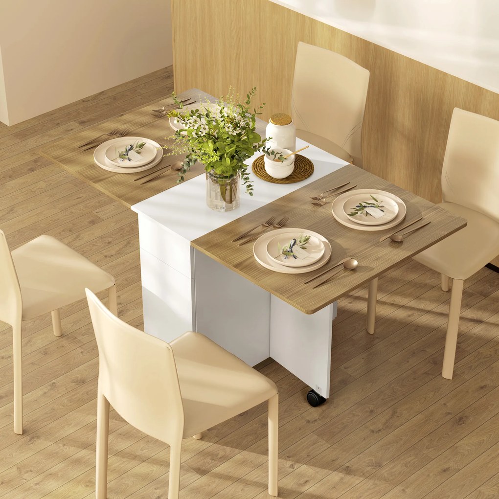 HOMCOM Masă Extensibilă pentru 6 Persoane, Masă Pliabilă cu Roți, 2 Sertare și Dulapior, 140x76x74 cm, Alb | Aosom Romania